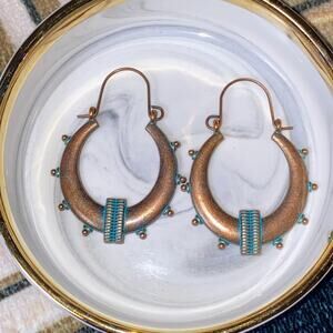 Tribal Aztec‎ Rustic Patina Boho Hoops Earrings New Bronze Turquoise Ornate